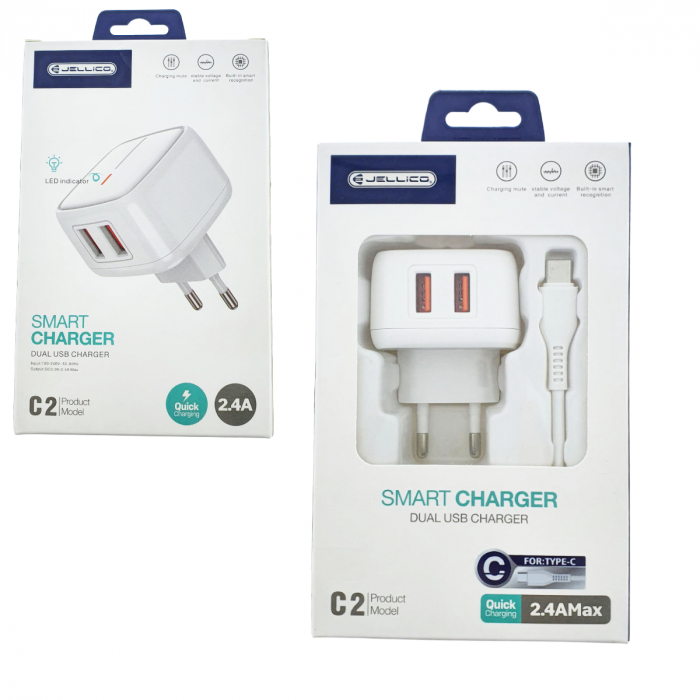 Set incarcator dual USB-A si cablu USB-C cu lungime 1m, 2.4A, Jellico C2 10146, Fast Charging, 100-240V, indicator LED, alb [5]
