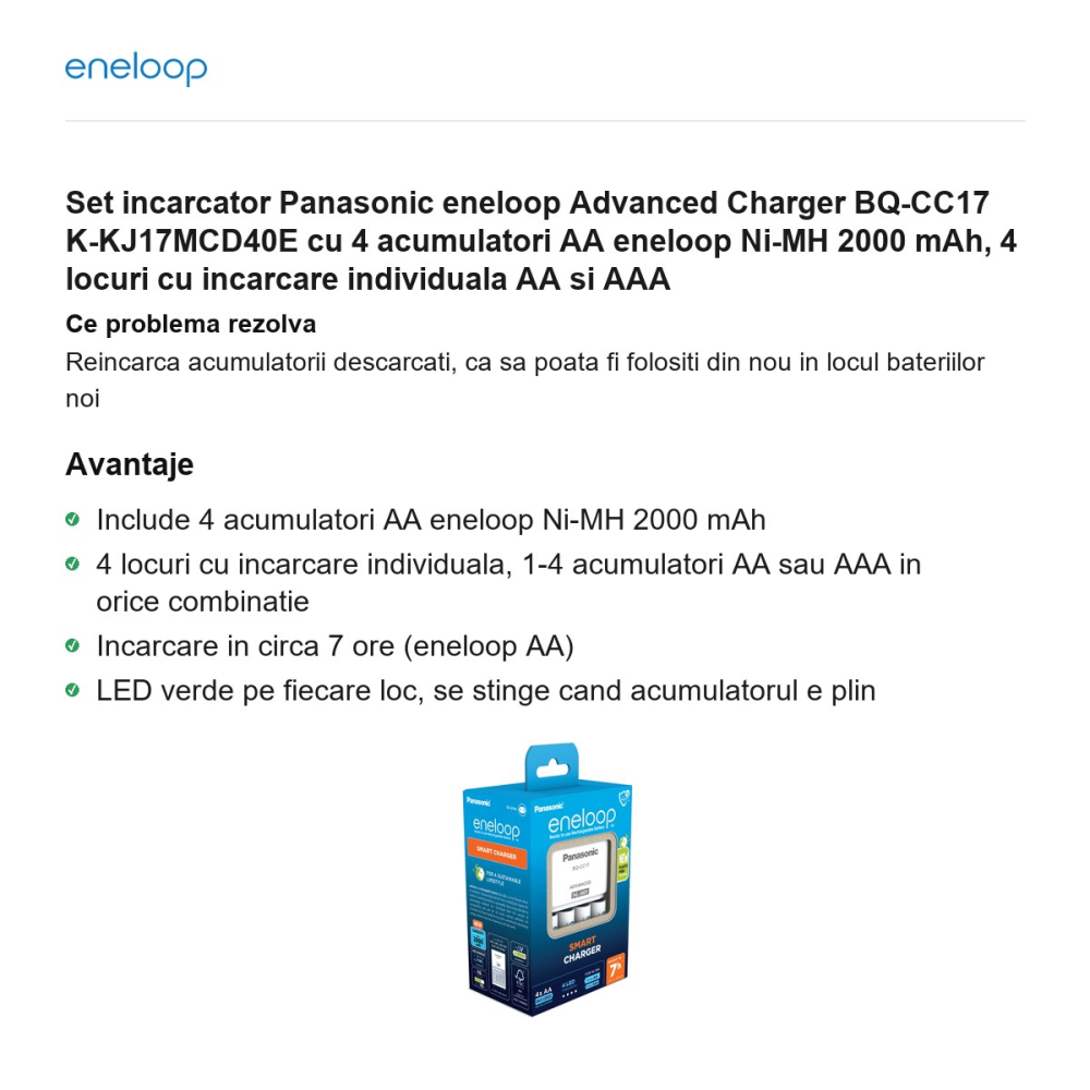 Set incarcator Panasonic eneloop Advanced Charger BQ-CC17 K-KJ17MCD40E cu 4 acumulatori AA eneloop Ni-MH 2000 mAh, 4 locuri cu incarcare individuala AA si AAA [2]