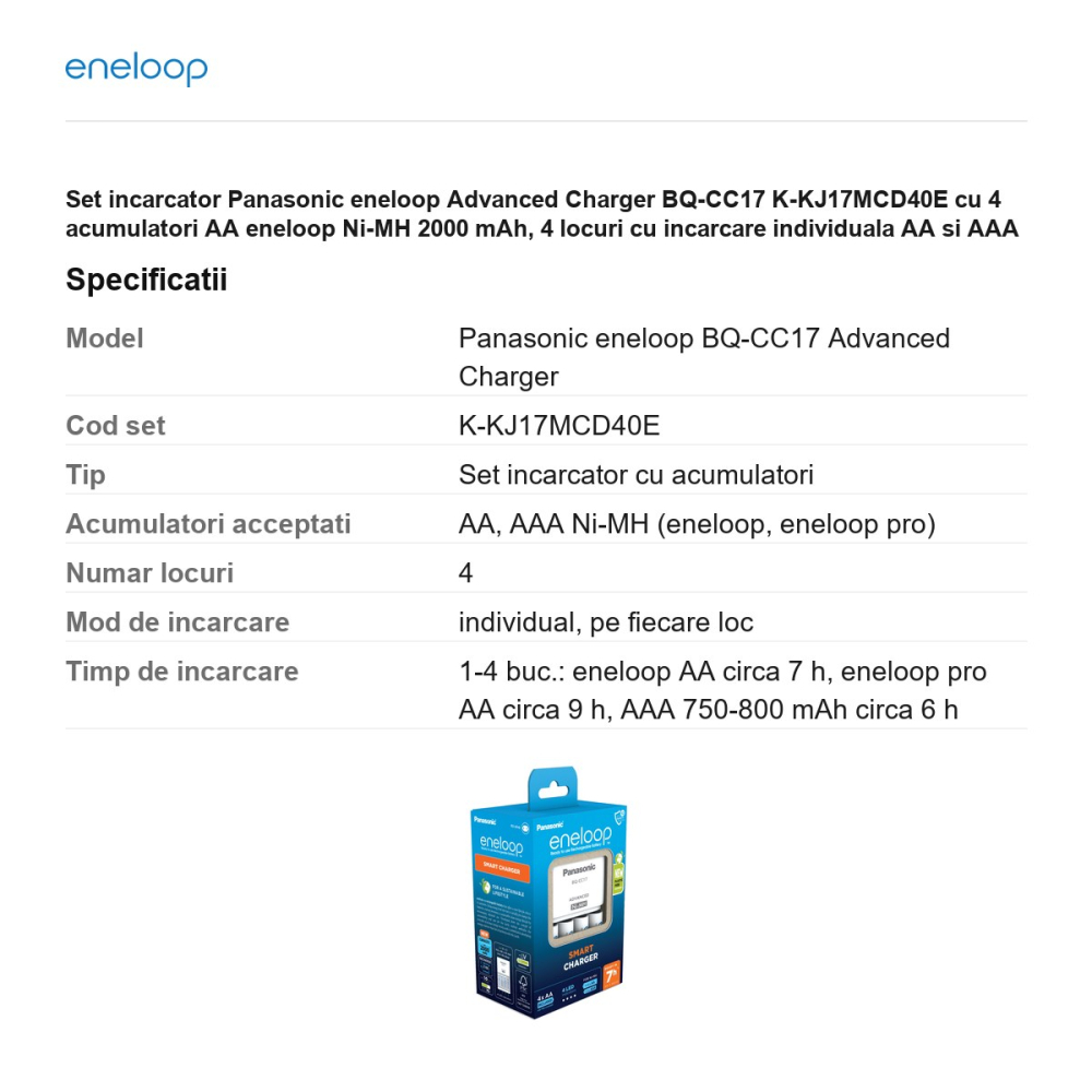 Set incarcator Panasonic eneloop Advanced Charger BQ-CC17 K-KJ17MCD40E cu 4 acumulatori AA eneloop Ni-MH 2000 mAh, 4 locuri cu incarcare individuala AA si AAA [3]