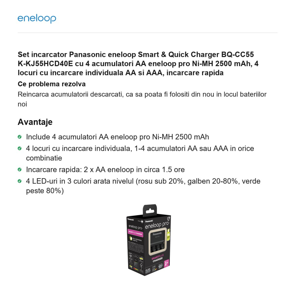 Set incarcator Panasonic eneloop Smart & Quick Charger BQ-CC55 K-KJ55HCD40E cu 4 acumulatori AA eneloop pro Ni-MH 2500 mAh, 4 locuri cu incarcare individuala AA si AAA, incarcare rapida [2]