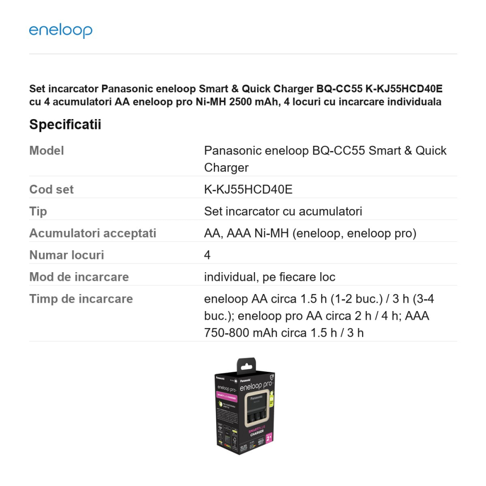 Set incarcator Panasonic eneloop Smart & Quick Charger BQ-CC55 K-KJ55HCD40E cu 4 acumulatori AA eneloop pro Ni-MH 2500 mAh, 4 locuri cu incarcare individuala AA si AAA, incarcare rapida [3]