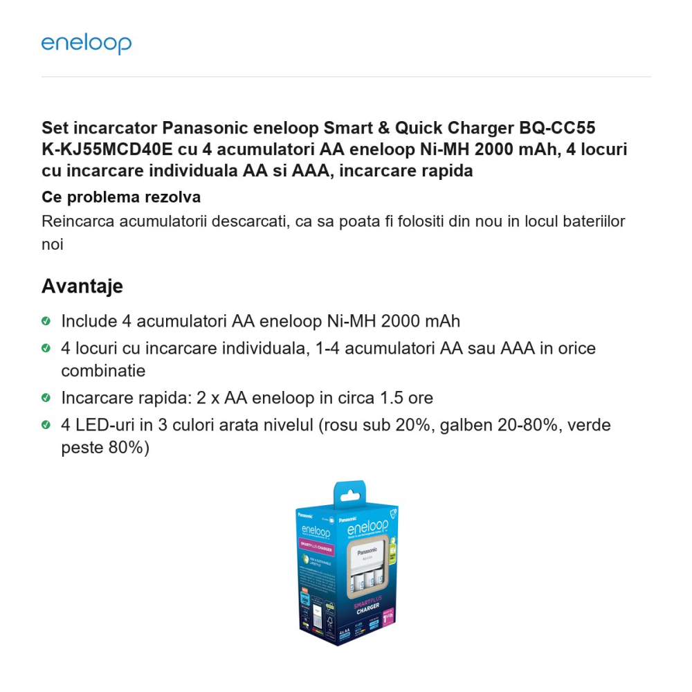 Set incarcator Panasonic eneloop Smart & Quick Charger BQ-CC55 K-KJ55MCD40E cu 4 acumulatori AA eneloop Ni-MH 2000 mAh, 4 locuri cu incarcare individuala AA si AAA, incarcare rapida [2]