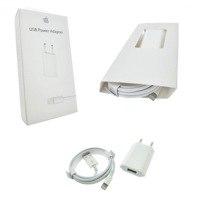 Set incarcator pentru Apple, A1400, priza EU, 1 x USB, 5W, cu cablu tip Lightning, 1m, alb, in blister [5]