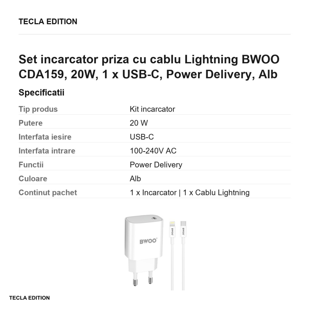 Set incarcator priza cu cablu Lightning BWOO CDA159, 20W, 1 x USB-C, Power Delivery, Alb [3]