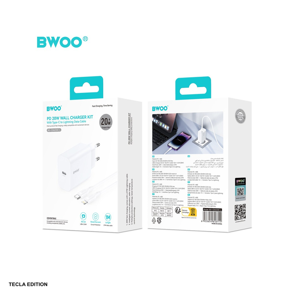 Set incarcator priza cu cablu Lightning BWOO CDA233, 20W, 1 x USB-C, Power Delivery, Alb [5]