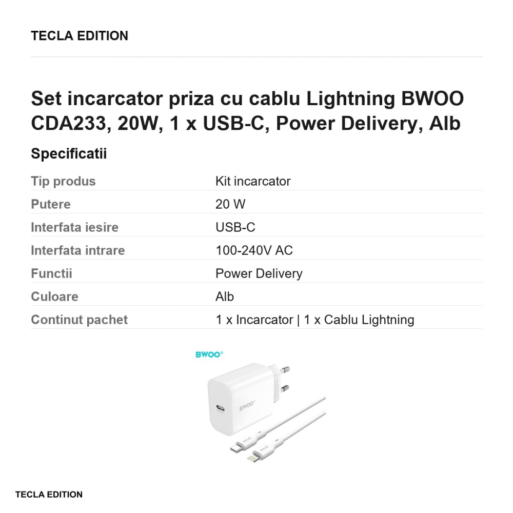 Set incarcator priza cu cablu Lightning BWOO CDA233, 20W, 1 x USB-C, Power Delivery, Alb [3]