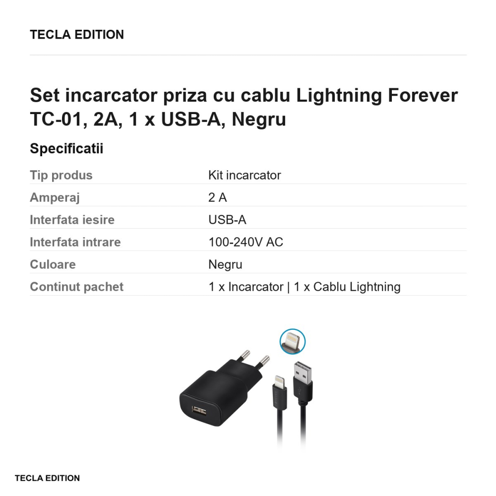 Set incarcator priza cu cablu Lightning Forever TC-01, 2A, 1 x USB-A, Negru [3]