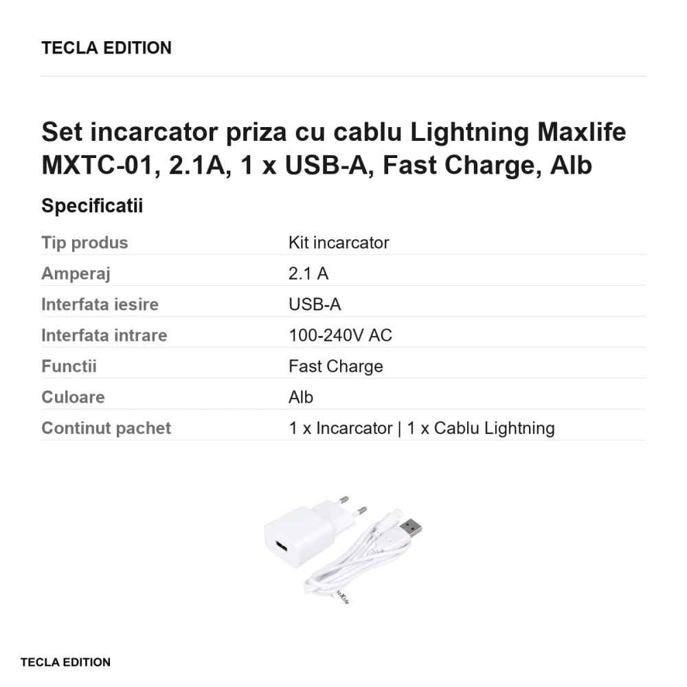 Set incarcator priza cu cablu Lightning Maxlife MXTC-01, 2.1A, 1 x USB-A, Fast Charge, Alb [3]