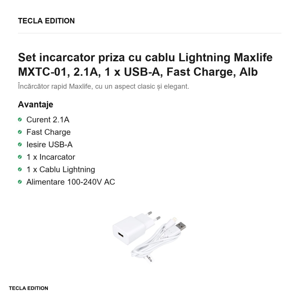 Set incarcator priza cu cablu Lightning Maxlife MXTC-01, 2.1A, 1 x USB-A, Fast Charge, Alb [2]