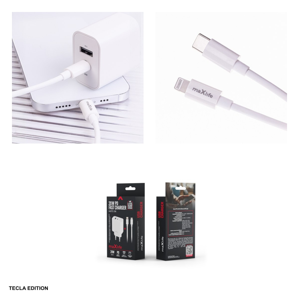 Set incarcator priza cu cablu Lightning Maxlife MXTC-06-20AC, 20W, 1 x USB-C, 1 x USB-A, Power Delivery, Quick Charge, Alb [6]