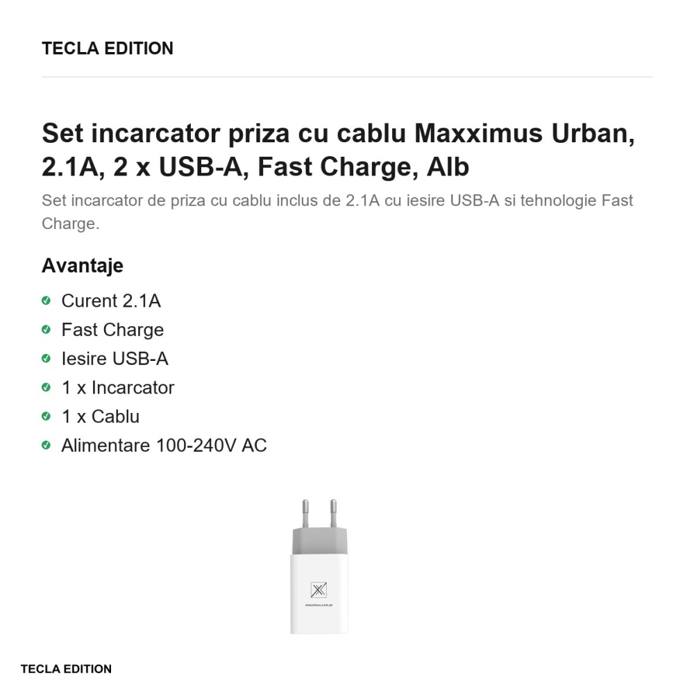 Set incarcator priza cu cablu Lightning Maxximus Urban, 2.1A, 2 x USB-A, Fast Charge, Alb [2]