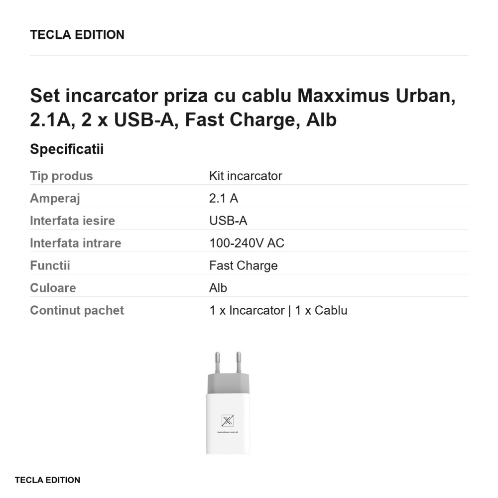 Set incarcator priza cu cablu Lightning Maxximus Urban, 2.1A, 2 x USB-A, Fast Charge, Alb [3]