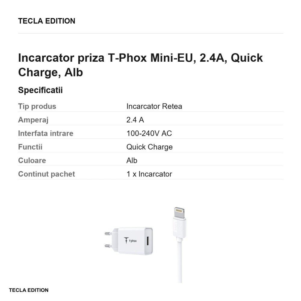 Set incarcator priza cu cablu Lightning T-Phox Mini-EU, 2.4A, Quick Charge, Alb [3]