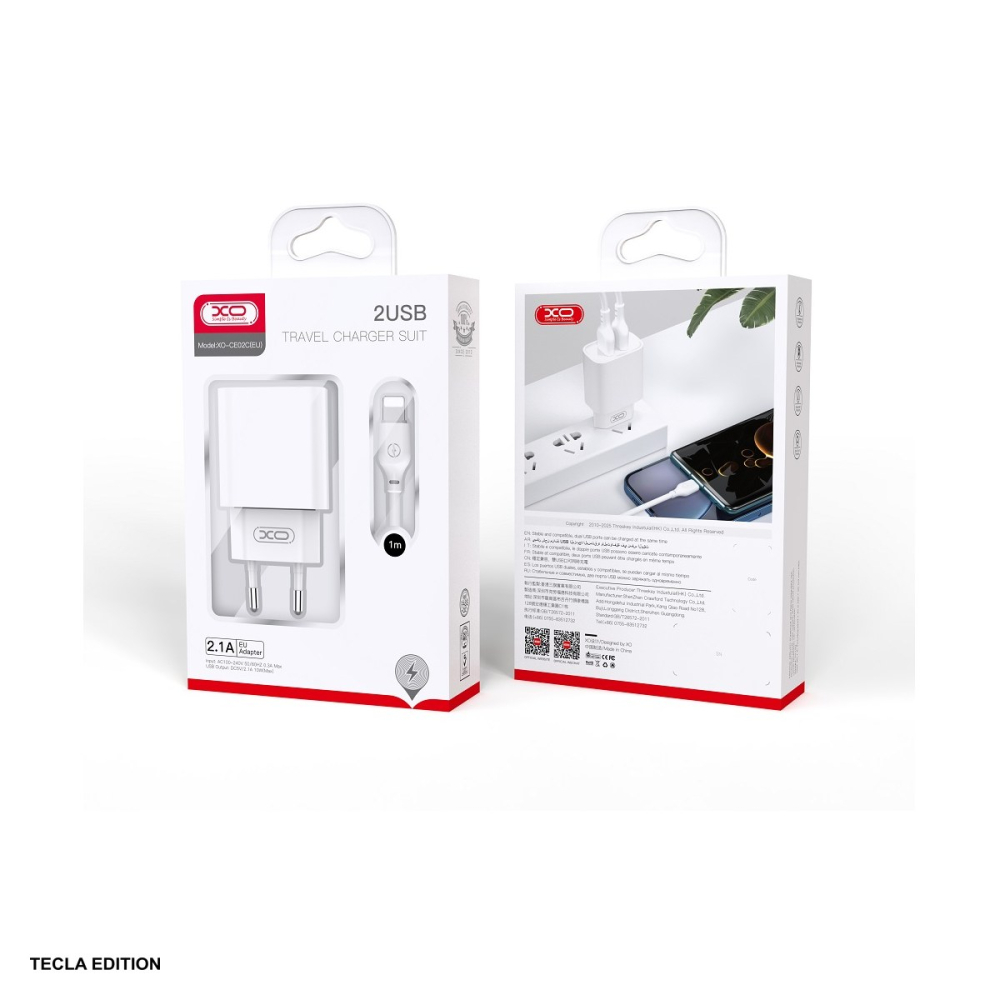 Set incarcator priza cu cablu Lightning XO CE02C, 2.1A, 2 x USB-A, Fast Charge, Alb [5]
