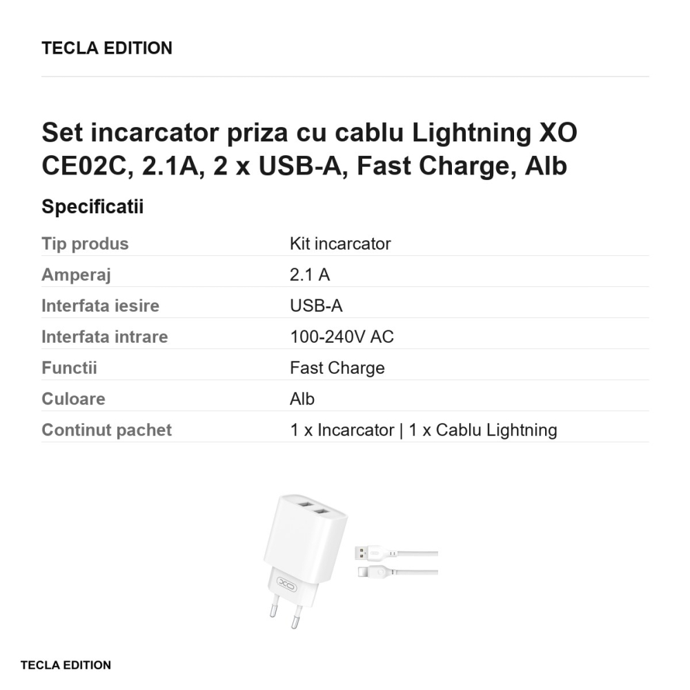 Set incarcator priza cu cablu Lightning XO CE02C, 2.1A, 2 x USB-A, Fast Charge, Alb [3]