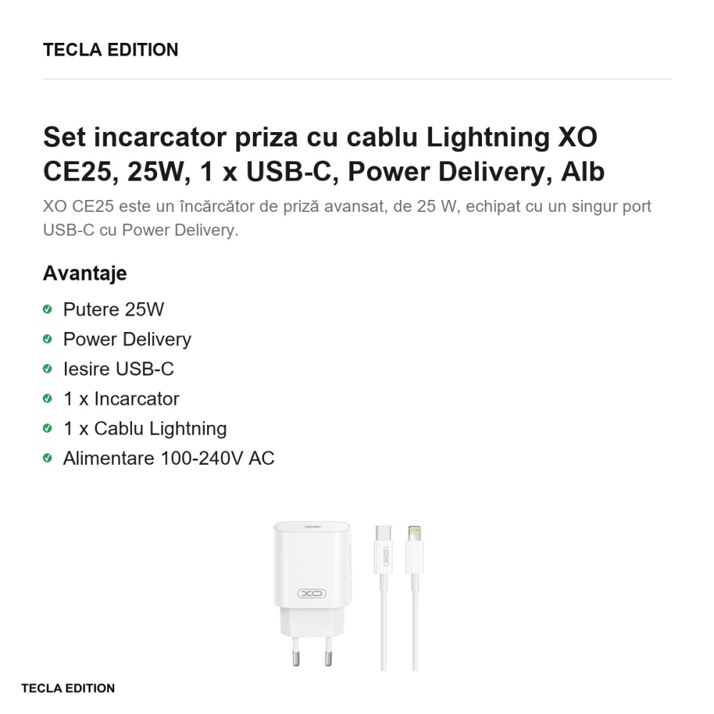 Set incarcator priza cu cablu Lightning XO CE25, 25W, 1 x USB-C, Power Delivery, Alb [2]