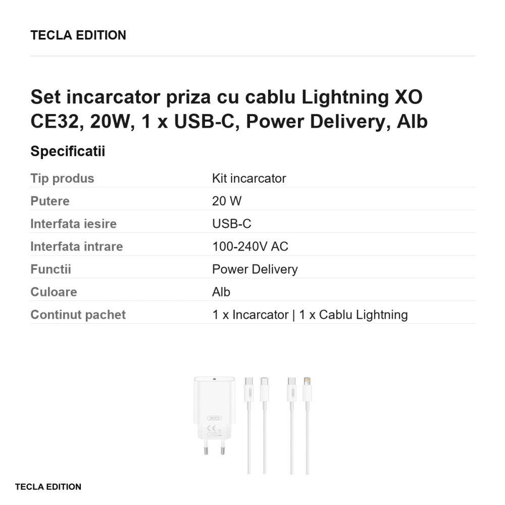 Set incarcator priza cu cablu Lightning XO CE32, 20W, 1 x USB-C, Power Delivery, Alb [3]