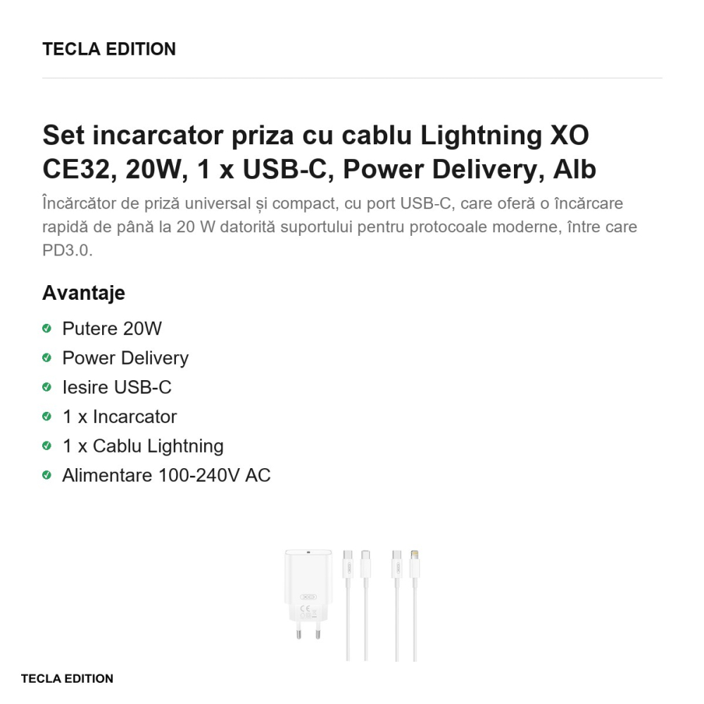 Set incarcator priza cu cablu Lightning XO CE32, 20W, 1 x USB-C, Power Delivery, Alb [2]