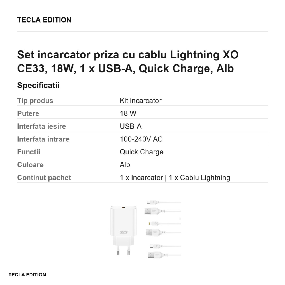Set incarcator priza cu cablu Lightning XO CE33, 18W, 1 x USB-A, Quick Charge, Alb [3]