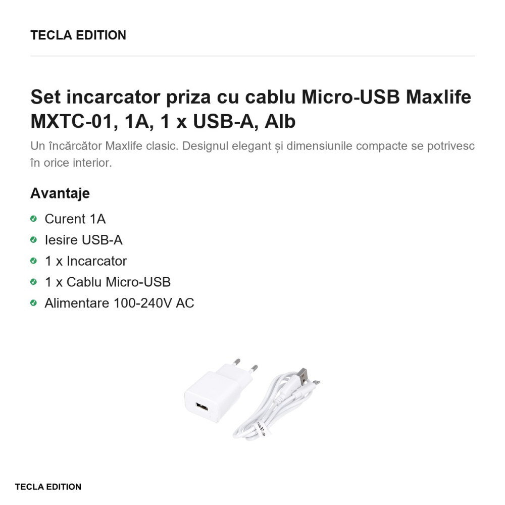 Set incarcator priza cu cablu Micro-USB Maxlife MXTC-01, 1A, 1 x USB-A, Alb [2]