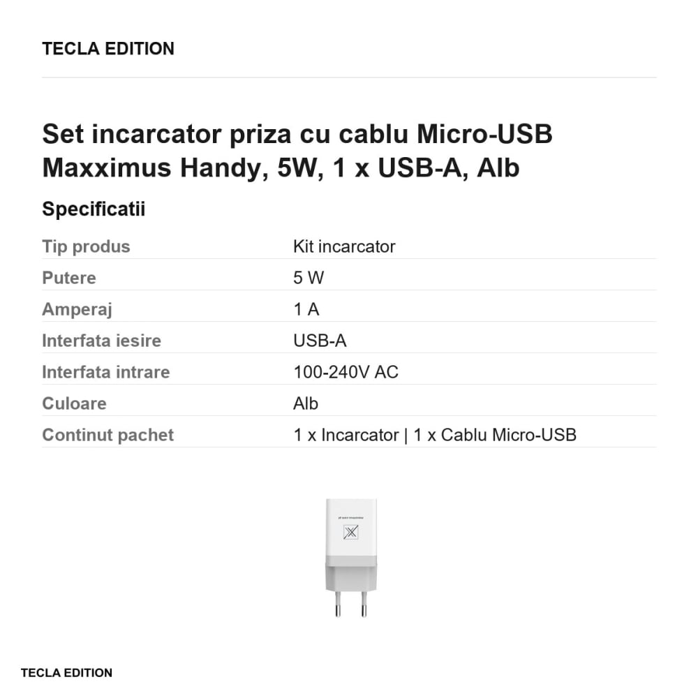 Set incarcator priza cu cablu Micro-USB Maxximus Handy, 5W, 1 x USB-A, Alb [3]