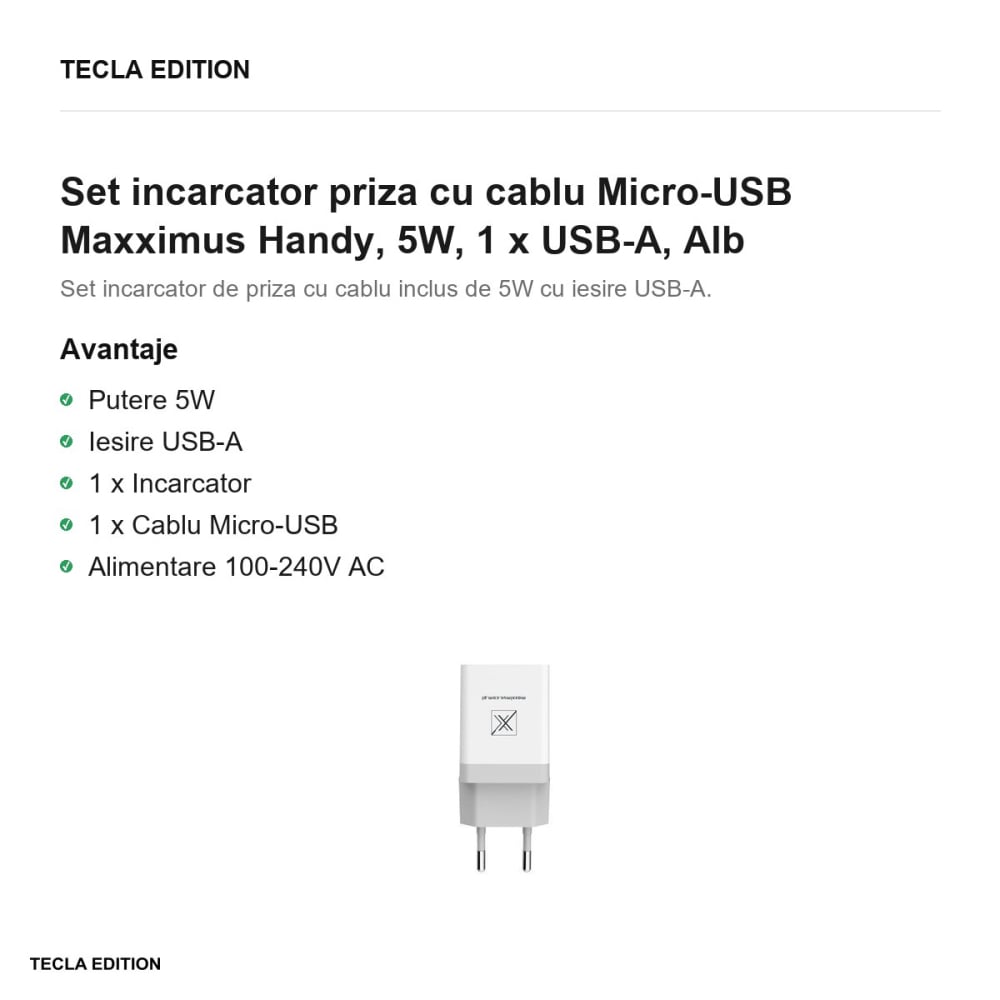 Set incarcator priza cu cablu Micro-USB Maxximus Handy, 5W, 1 x USB-A, Alb [2]