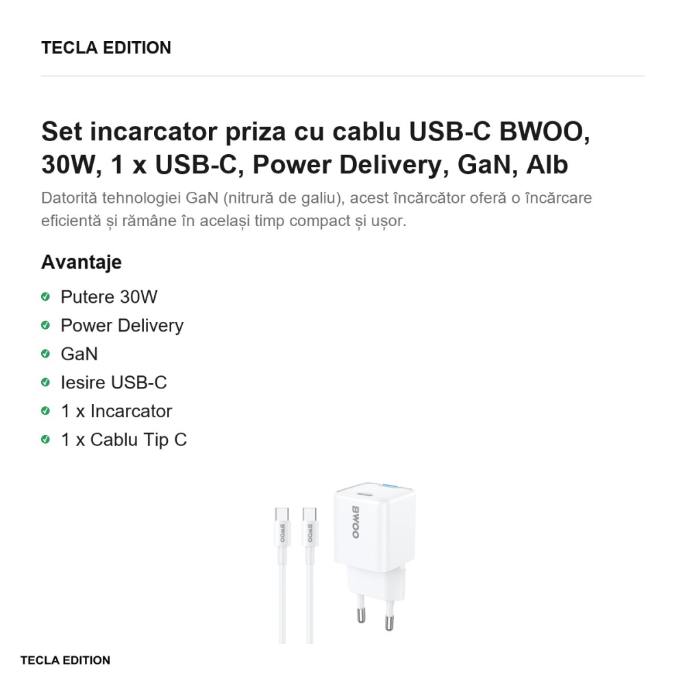 Set incarcator priza cu cablu USB-C BWOO, 30W, 1 x USB-C, Power Delivery, GaN, Alb [2]