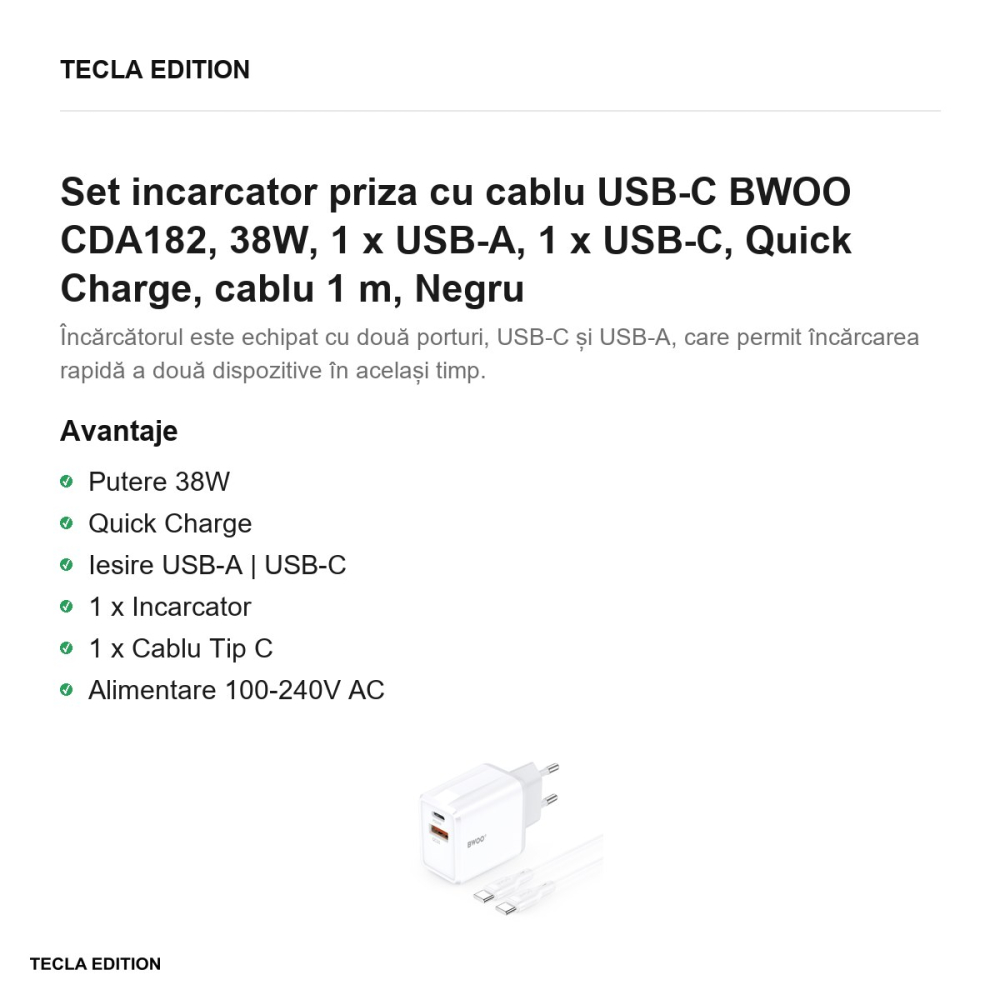 Set incarcator priza cu cablu USB-C BWOO CDA182, 38W, 1 x USB-A, 1 x USB-C, Quick Charge, cablu 1 m, Negru [2]