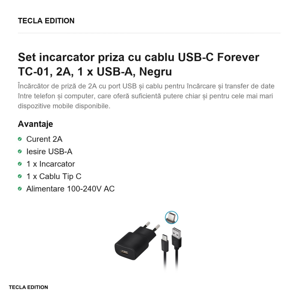 Set incarcator priza cu cablu USB-C Forever TC-01, 2A, 1 x USB-A, Negru [2]