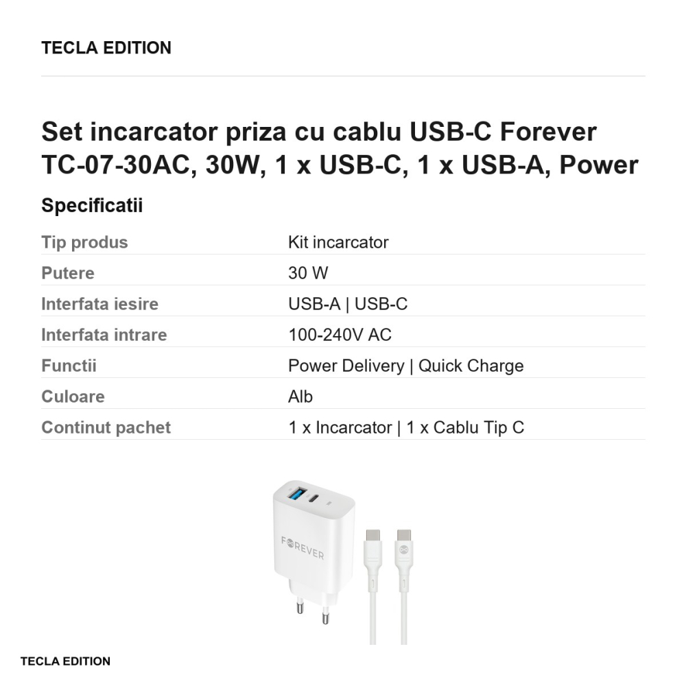 Set incarcator priza cu cablu USB-C Forever TC-07-30AC, 30W, 1 x USB-C, 1 x USB-A, Power Delivery, Quick Charge, Alb [3]