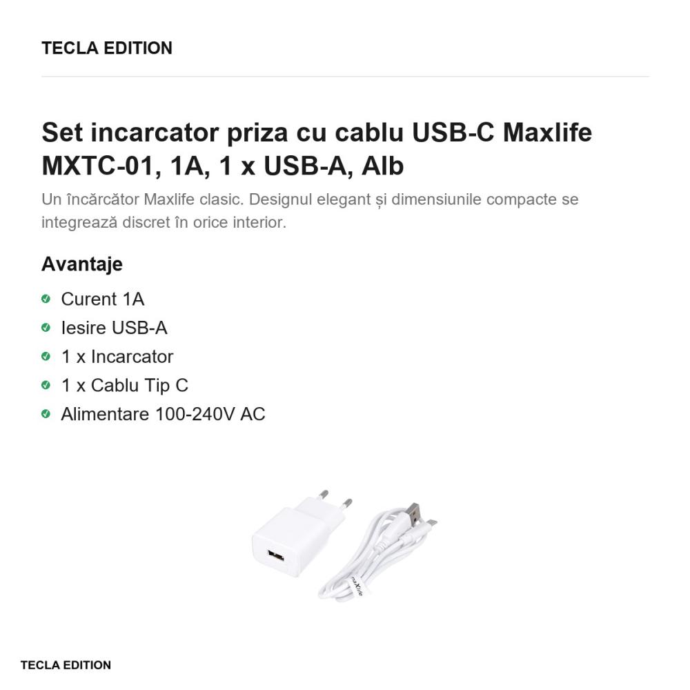 Set incarcator priza cu cablu USB-C Maxlife MXTC-01, 1A, 1 x USB-A, Alb [2]