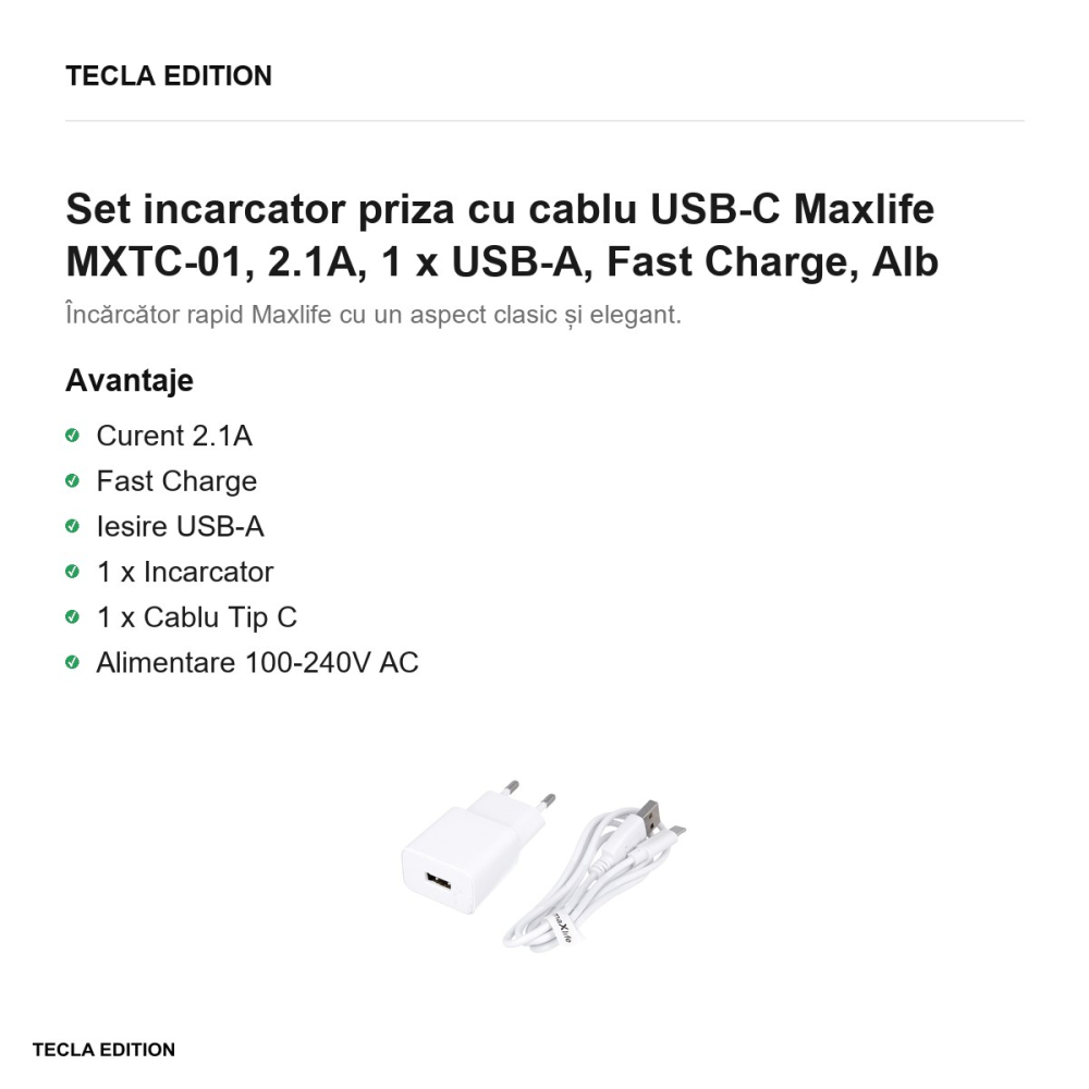 Set incarcator priza cu cablu USB-C Maxlife MXTC-01, 2.1A, 1 x USB-A, Fast Charge, Alb [2]
