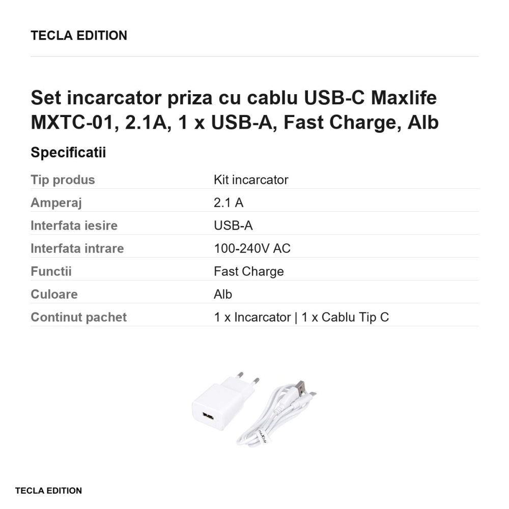 Set incarcator priza cu cablu USB-C Maxlife MXTC-01, 2.1A, 1 x USB-A, Fast Charge, Alb [3]