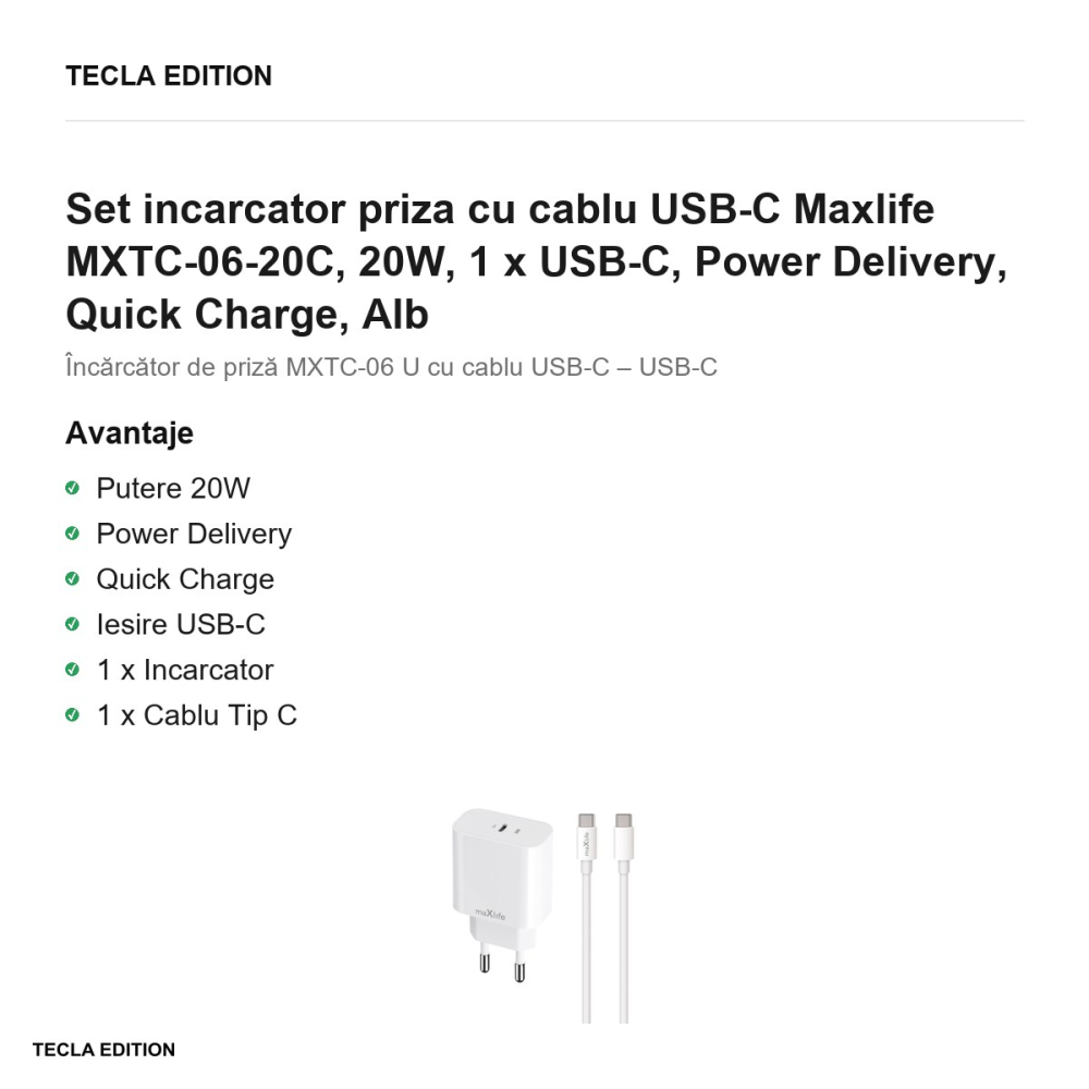 Set incarcator priza cu cablu USB-C Maxlife MXTC-06-20C, 20W, 1 x USB-C, Power Delivery, Quick Charge, Alb [2]