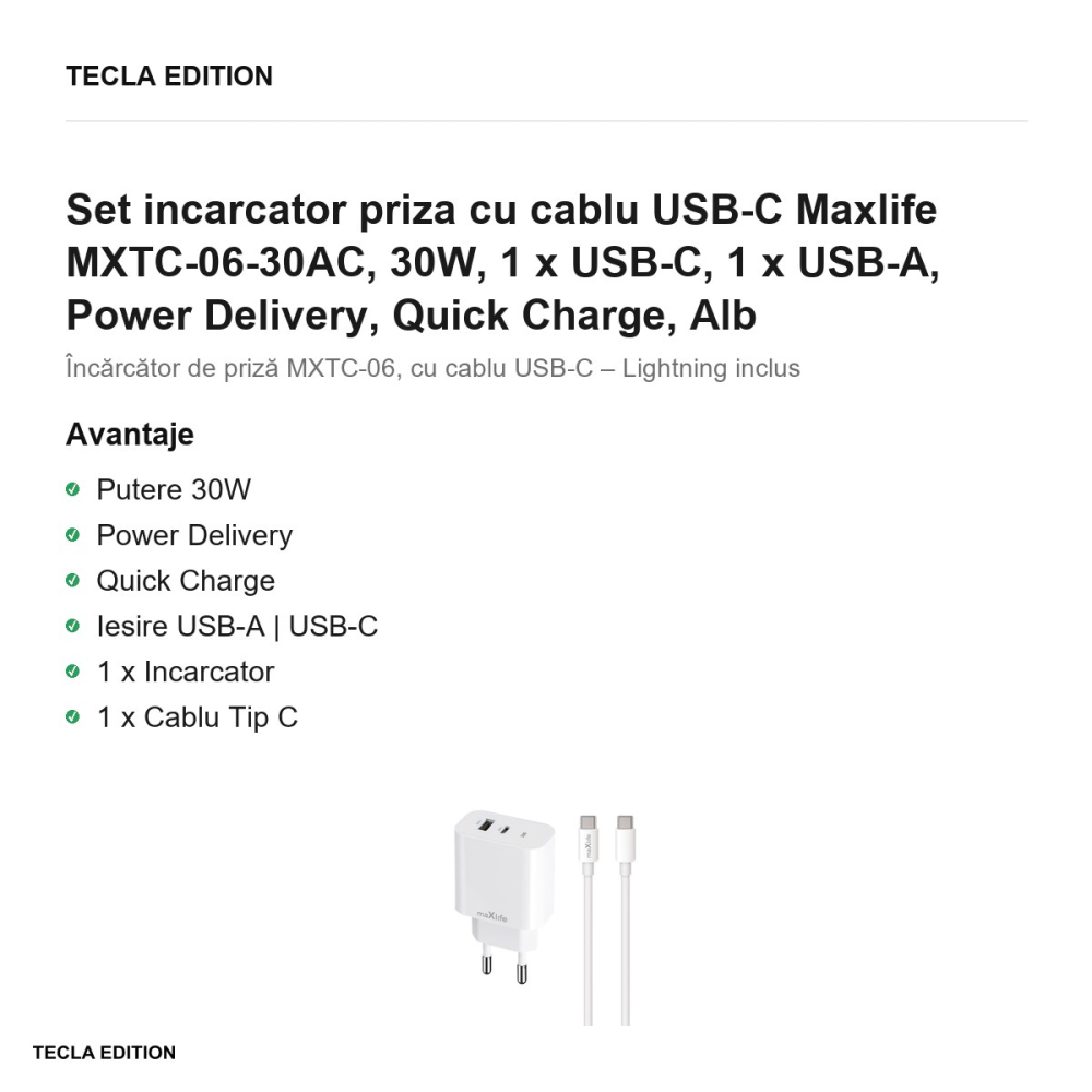 Set incarcator priza cu cablu USB-C Maxlife MXTC-06-30AC, 30W, 1 x USB-C, 1 x USB-A, Power Delivery, Quick Charge, Alb [2]