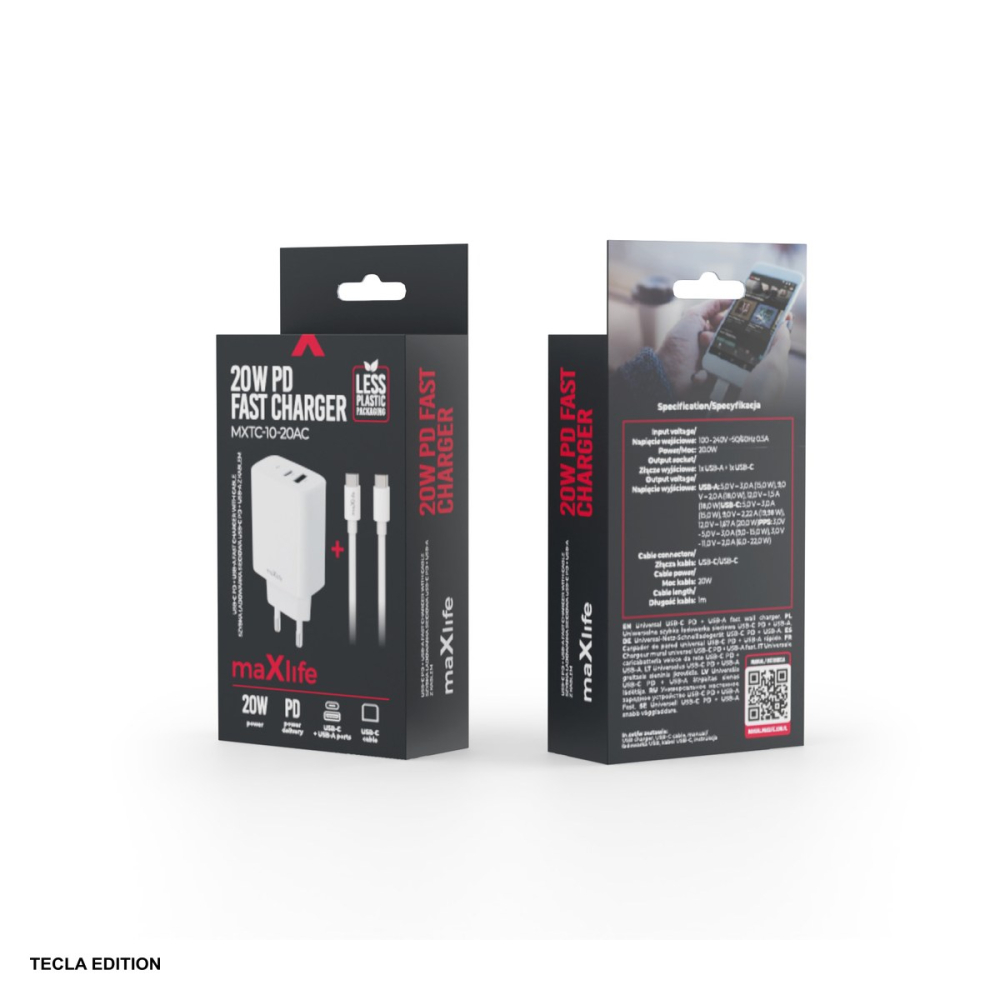 Set incarcator priza cu cablu USB-C Maxlife MXTC-10-20AC, 20W, 1 x USB-C, 1 x USB-A, Power Delivery, Quick Charge, Alb [4]