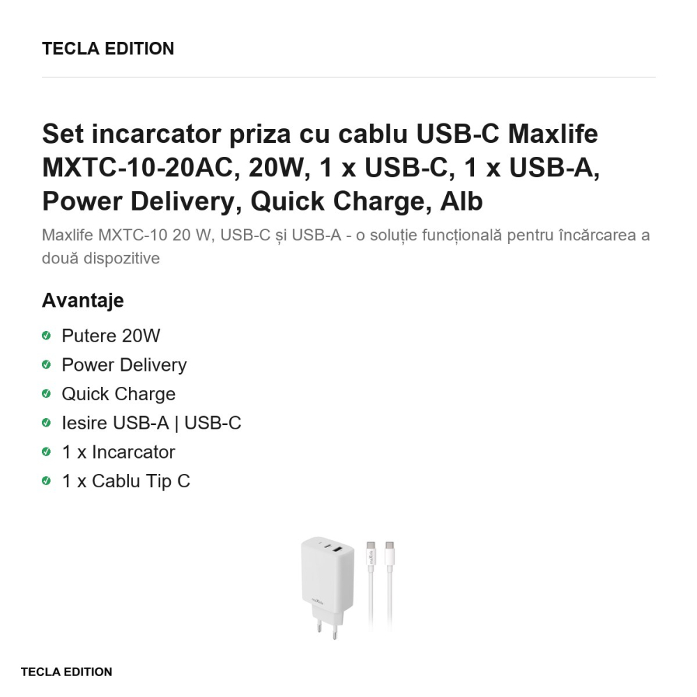 Set incarcator priza cu cablu USB-C Maxlife MXTC-10-20AC, 20W, 1 x USB-C, 1 x USB-A, Power Delivery, Quick Charge, Alb [2]