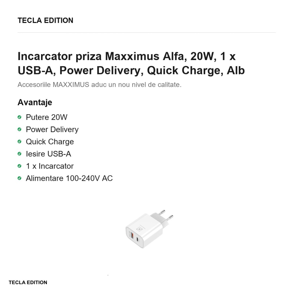 Set incarcator priza cu cablu USB-C Maxximus Alfa, 20W, 1 x USB-A, 1 x USB-C, Power Delivery, Quick Charge, Alb [2]