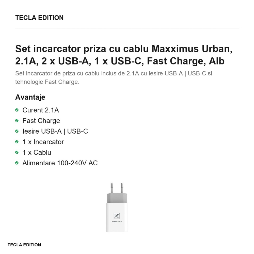 Set incarcator priza cu cablu USB-C Maxximus Urban, 2.1A, 2 x USB-A, Fast Charge, Alb [2]
