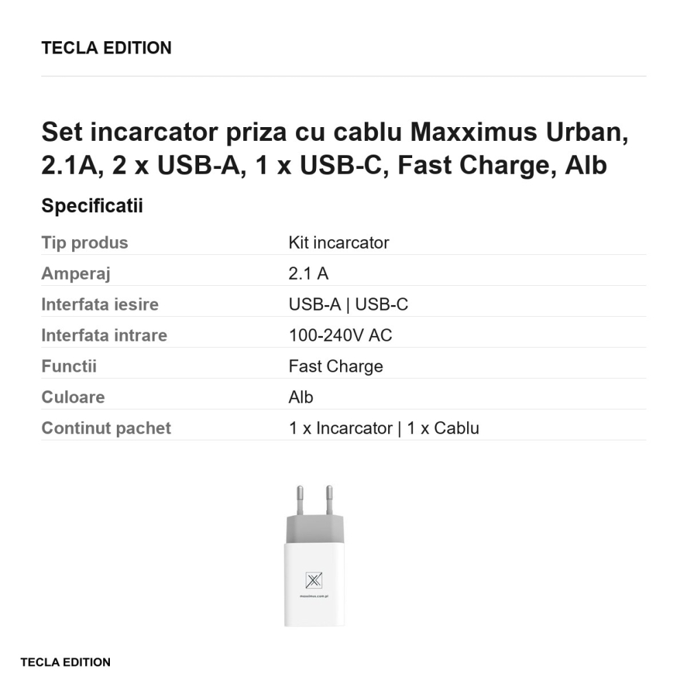 Set incarcator priza cu cablu USB-C Maxximus Urban, 2.1A, 2 x USB-A, Fast Charge, Alb [3]
