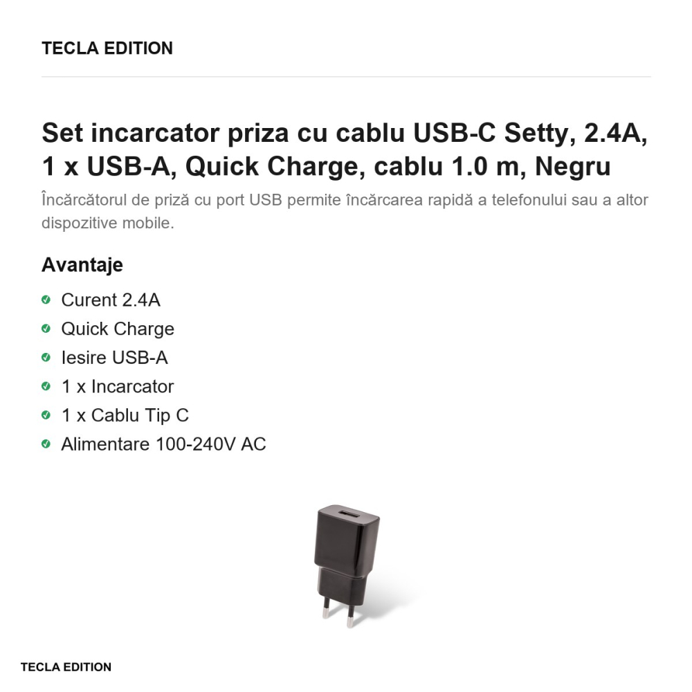Set incarcator priza cu cablu USB-C Setty, 2.4A, 1 x USB-A, Quick Charge, cablu 1.0 m, Negru [2]