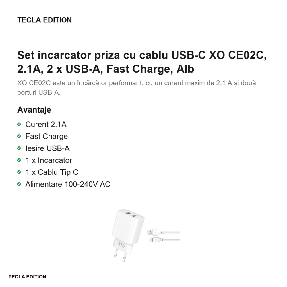 Set incarcator priza cu cablu USB-C XO CE02C, 2.1A, 2 x USB-A, Fast Charge, Alb [2]