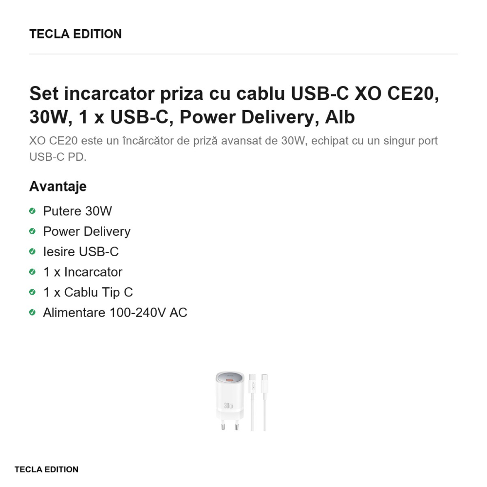 Set incarcator priza cu cablu USB-C XO CE20, 30W, 1 x USB-C, Power Delivery, Alb [2]