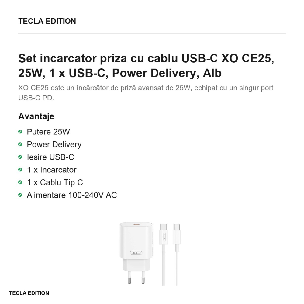 Set incarcator priza cu cablu USB-C XO CE25, 25W, 1 x USB-C, Power Delivery, Alb [2]