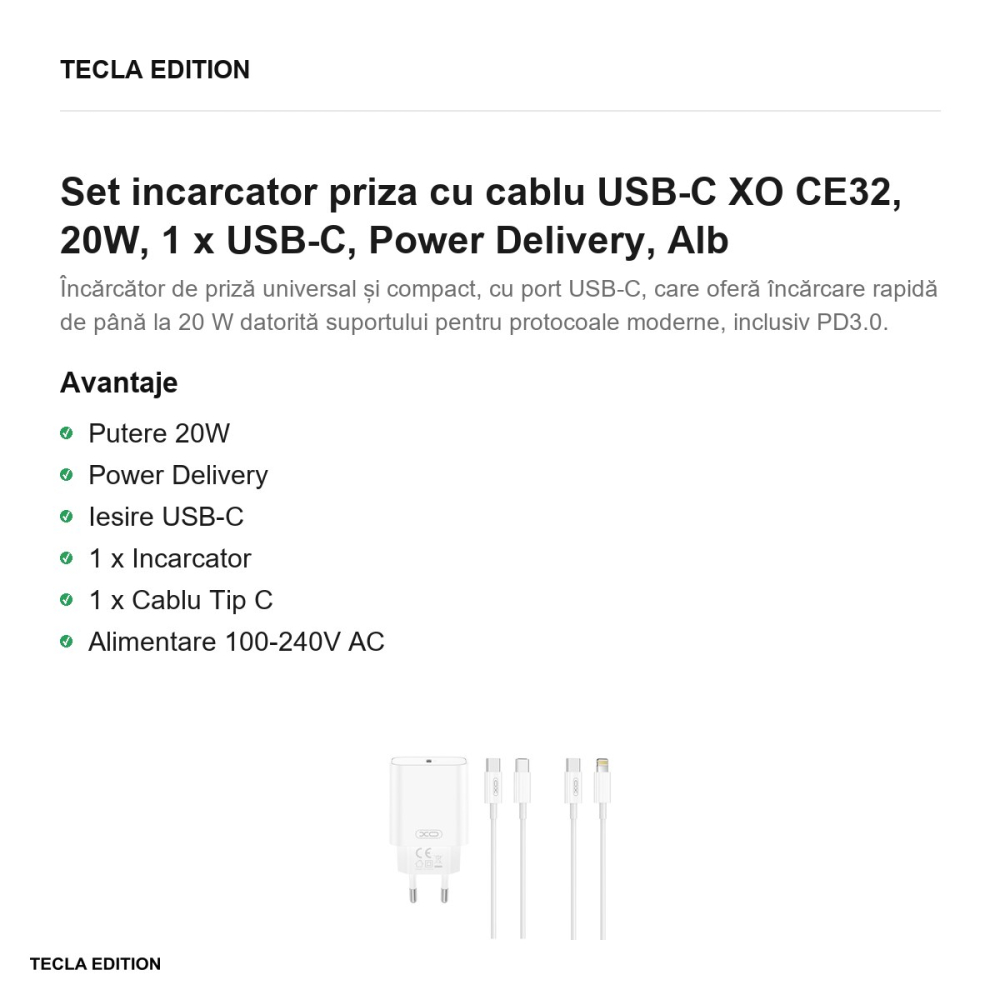 Set incarcator priza cu cablu USB-C XO CE32, 20W, 1 x USB-C, Power Delivery, Alb [2]