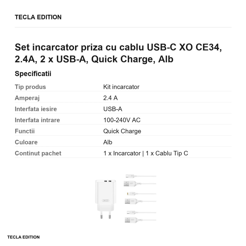 Set incarcator priza cu cablu USB-C XO CE34, 2.4A, 2 x USB-A, Quick Charge, Alb [3]