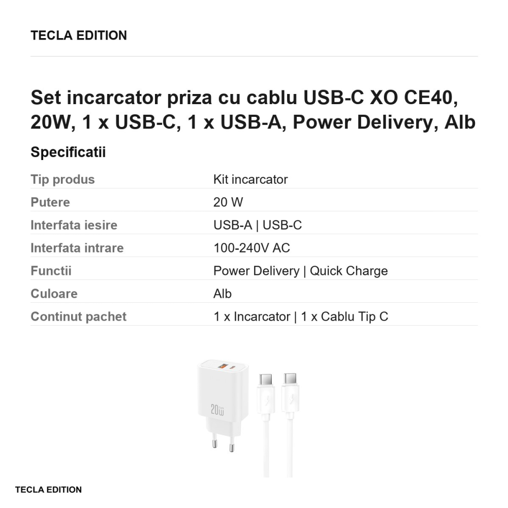 Set incarcator priza cu cablu USB-C XO CE40, 20W, 1 x USB-C, 1 x USB-A, Power Delivery, Alb [3]