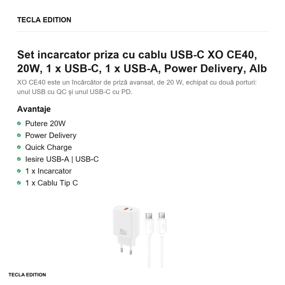 Set incarcator priza cu cablu USB-C XO CE40, 20W, 1 x USB-C, 1 x USB-A, Power Delivery, Alb [2]
