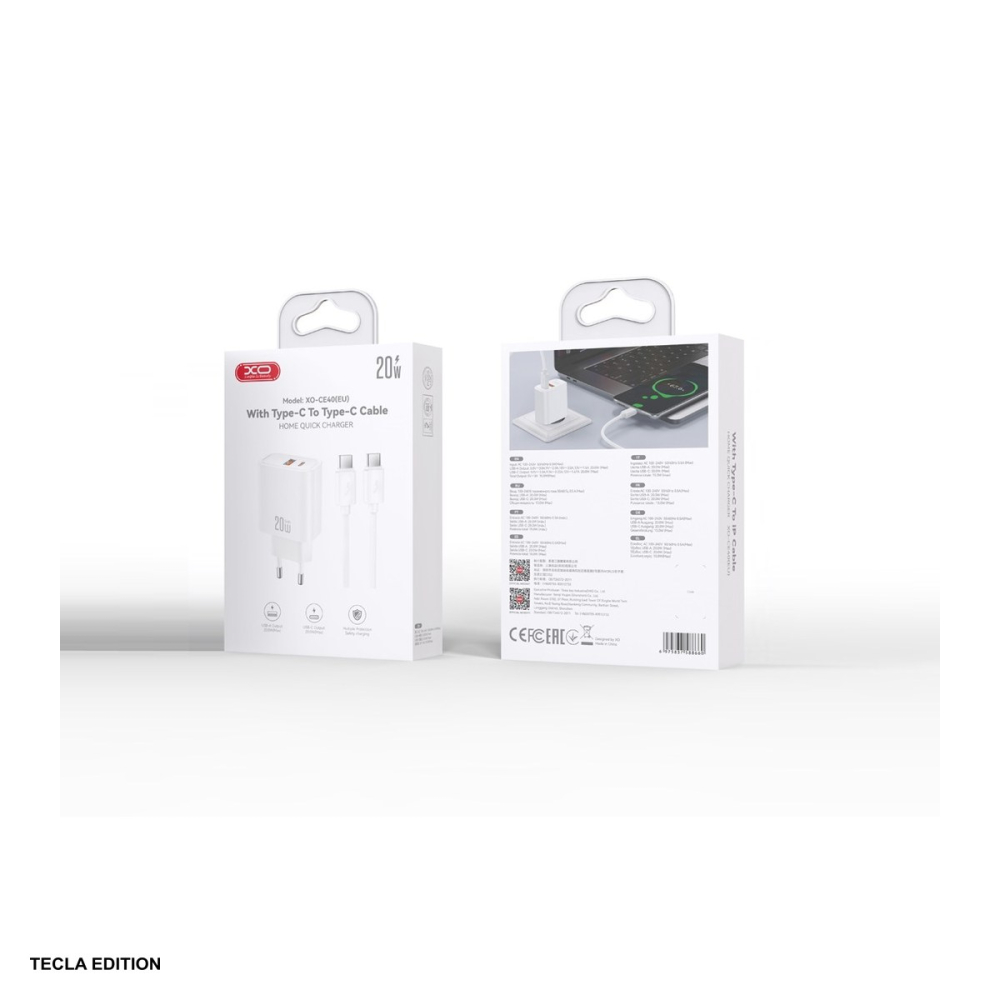 Set incarcator priza cu cablu USB-C XO CE40, 20W, 1 x USB-C, 1 x USB-A, Power Delivery, Alb [6]