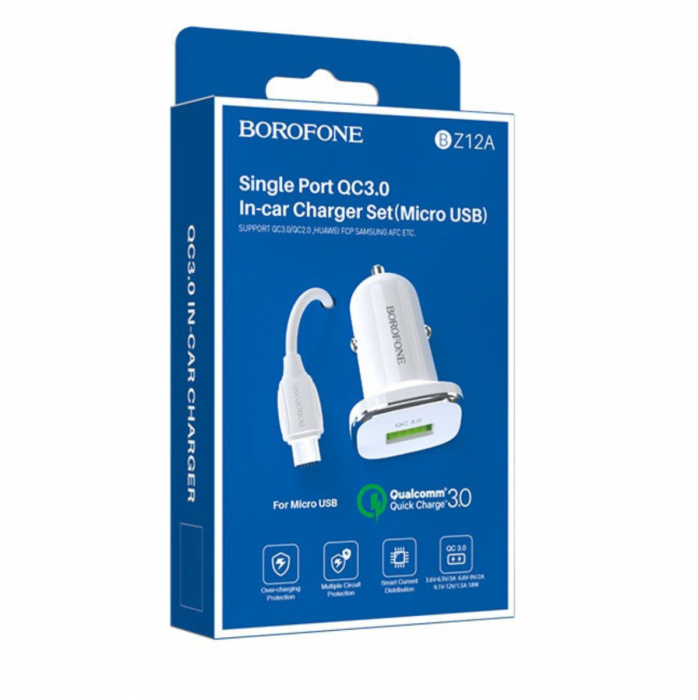 Incarcator auto Borofone, BZ12A Lasting, dual USB QC3.0, 3.6A, cablu MicroUSB inclus, 1m, Alb [6]
